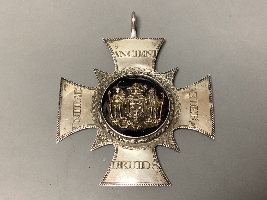 A Victorian silver and enamel and enamel 'United Ancient Order of Druids' medal, with engraved inscription verso, Pearce & Burrows, London, 1849, 10.9cm